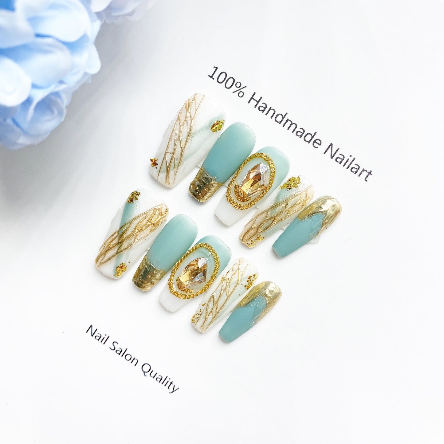 Handmade Nails Press on Nails DIY Nail Art for Woman Girl Nail Design Long Coffin Sky Blue 2023