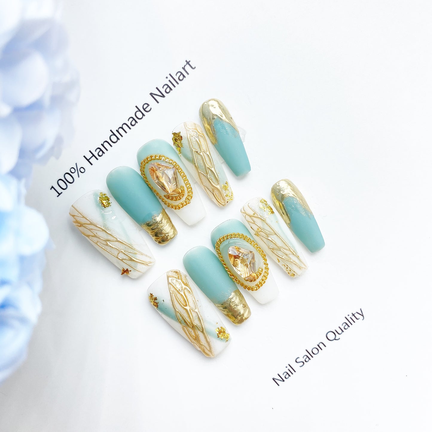 Handmade Nails Press on Nails DIY Nail Art for Woman Girl Nail Design Long Coffin Sky Blue 2023