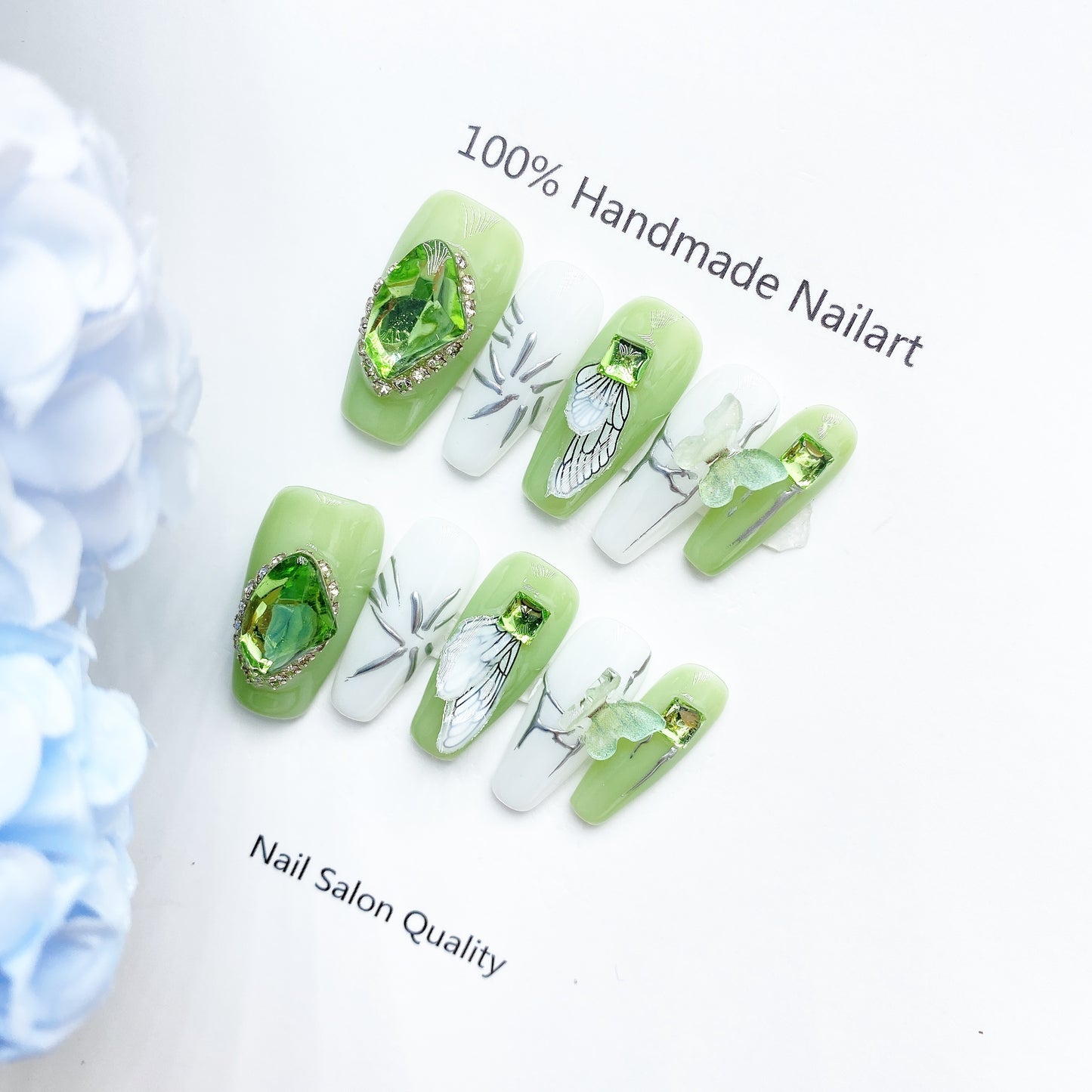 Handmade Nails Press on Nails DIY Nail Art for Woman Girl Nail Design Long Coffin Green 2023