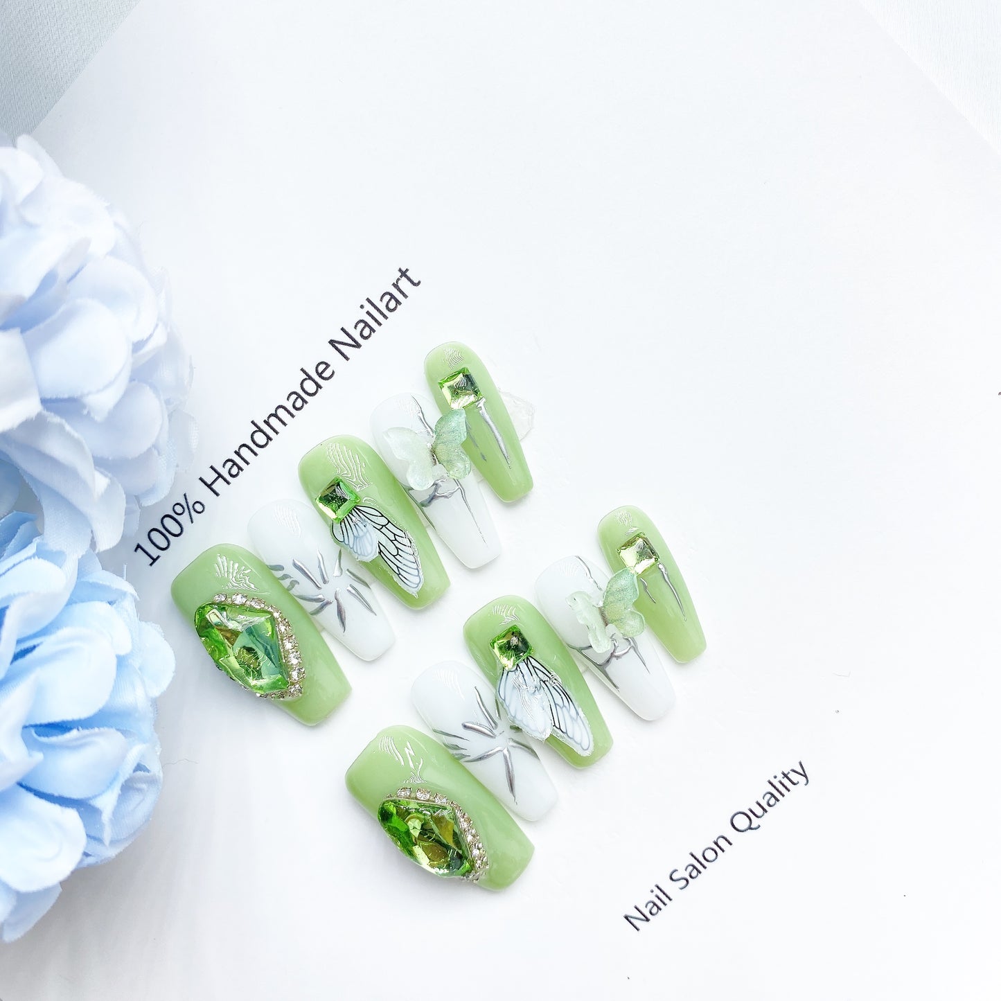 Handmade Nails Press on Nails DIY Nail Art for Woman Girl Nail Design Long Coffin Green 2023