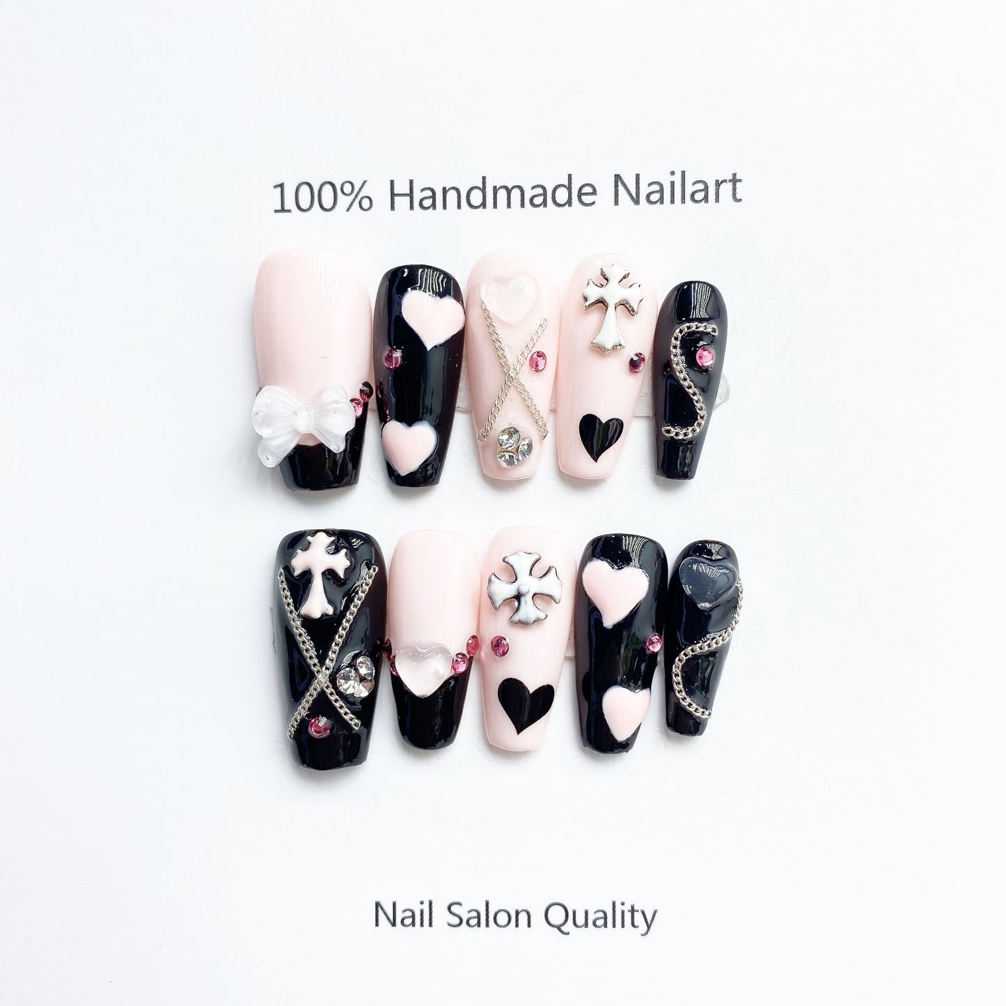 Handmade Nails Press on Nails DIY Nail Art for Woman Girl Nail Design Long Coffin Black Pink 2023