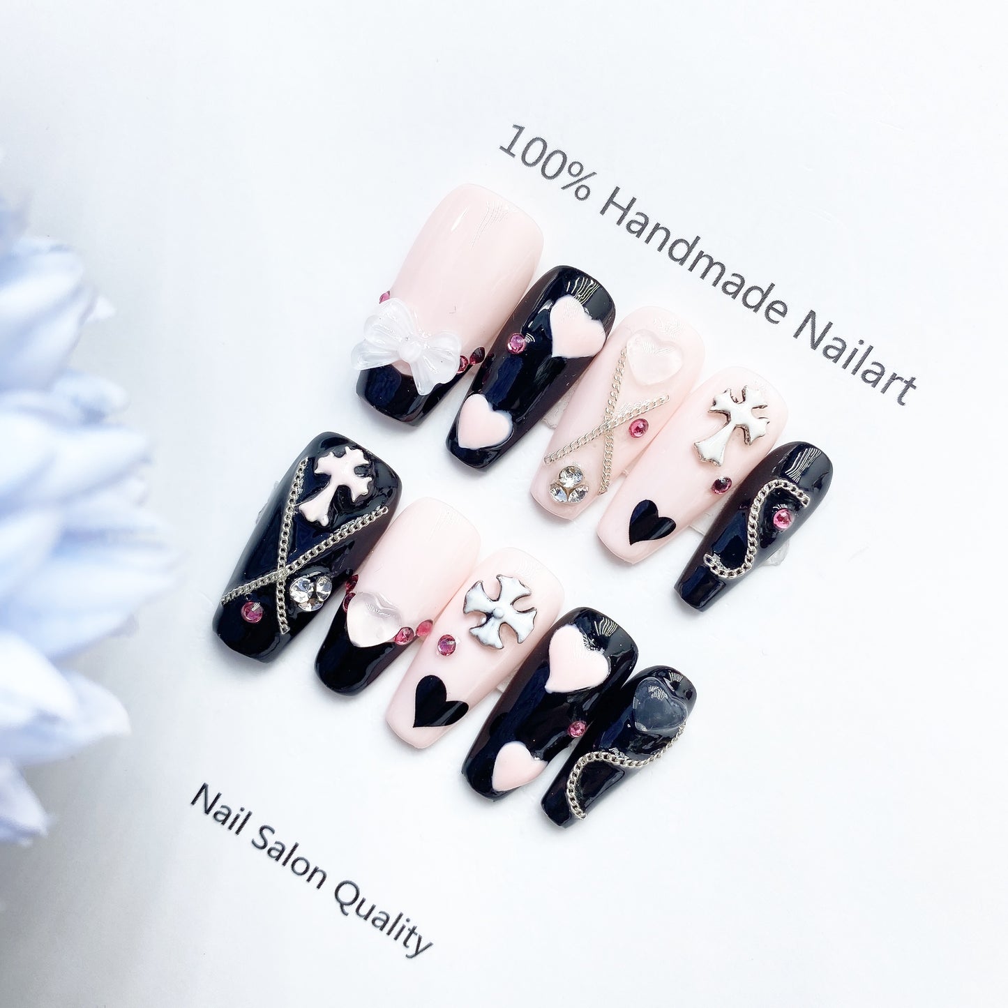 Handmade Nails Press on Nails DIY Nail Art for Woman Girl Nail Design Long Coffin Black Pink 2023
