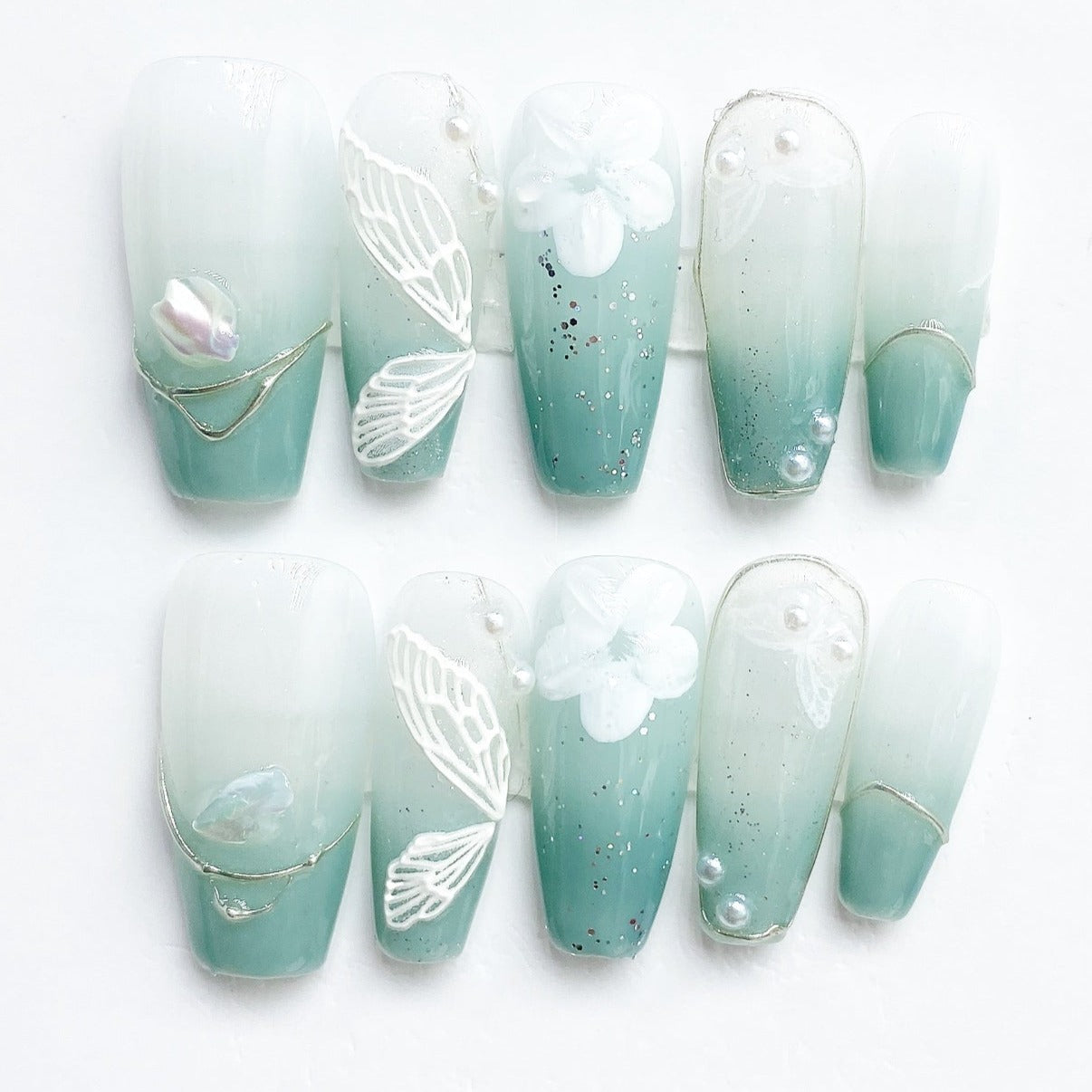 Handmade Nails Press on Nails DIY Nail Art for Woman Girl Nail Design Long Coffin Sky Blue 2023