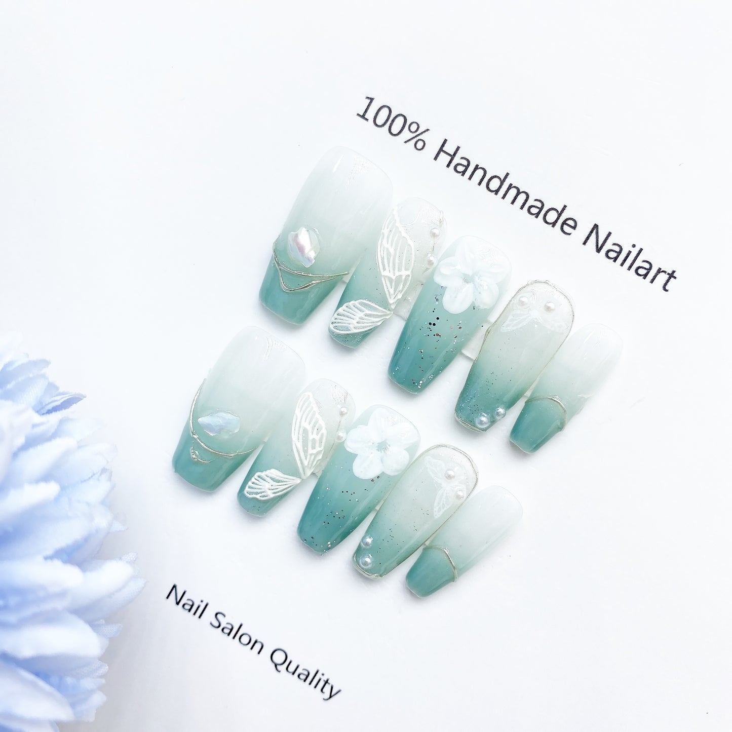 Handmade Nails Press on Nails DIY Nail Art for Woman Girl Nail Design Long Coffin Sky Blue 2023