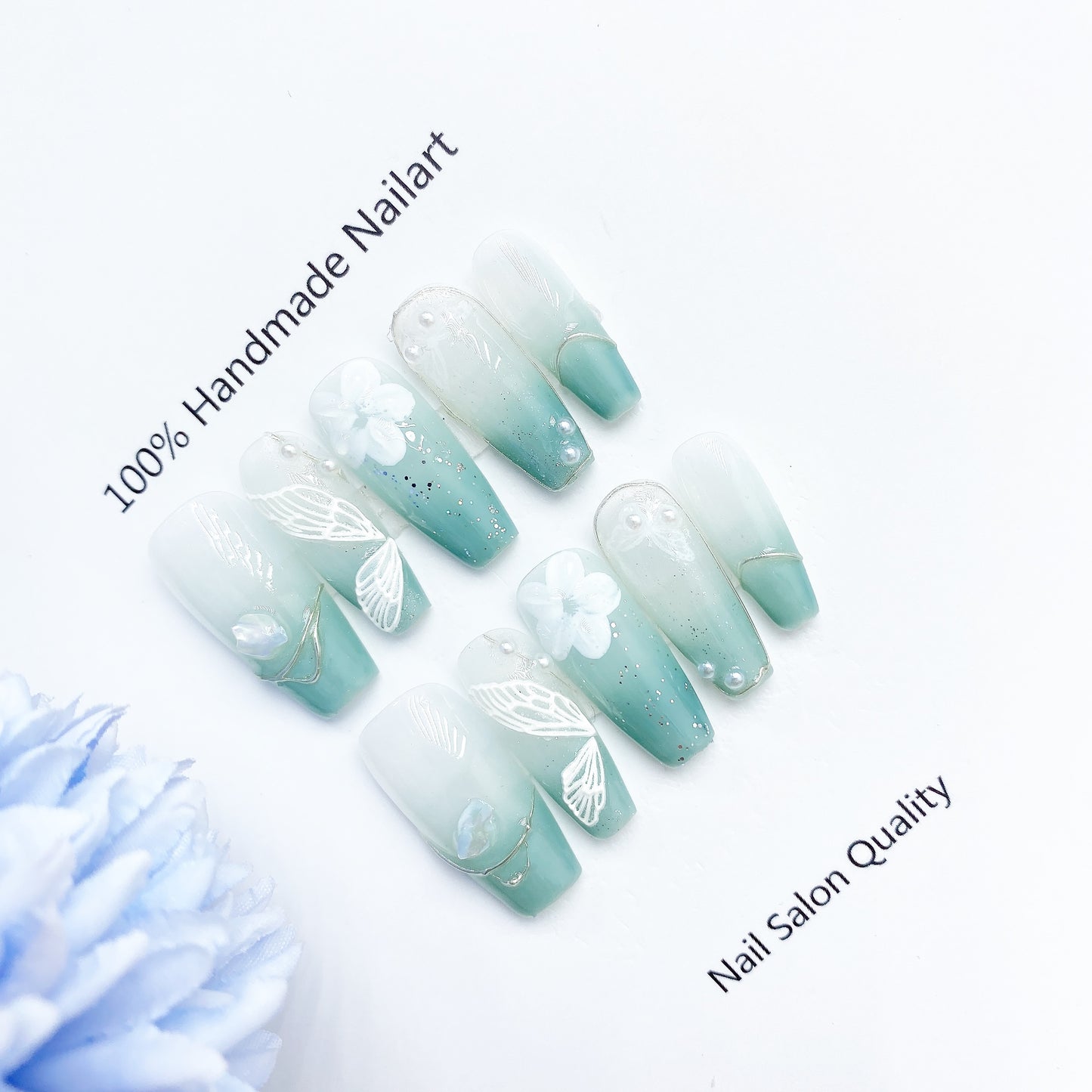 Handmade Nails Press on Nails DIY Nail Art for Woman Girl Nail Design Long Coffin Sky Blue 2023