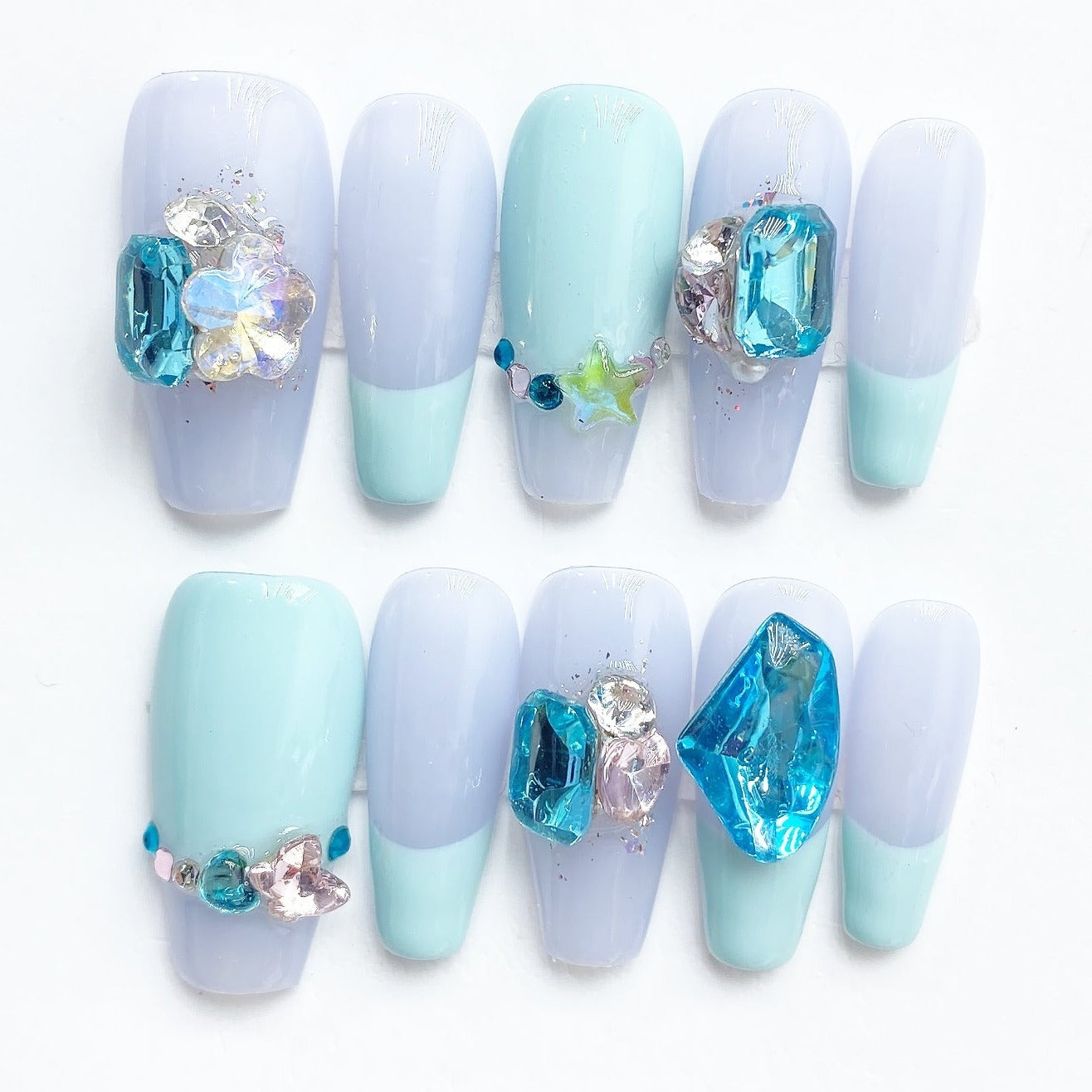 Handmade Nails Press on Nails DIY Nail Art for Woman Girl Nail Design Long Coffin Blue 2023