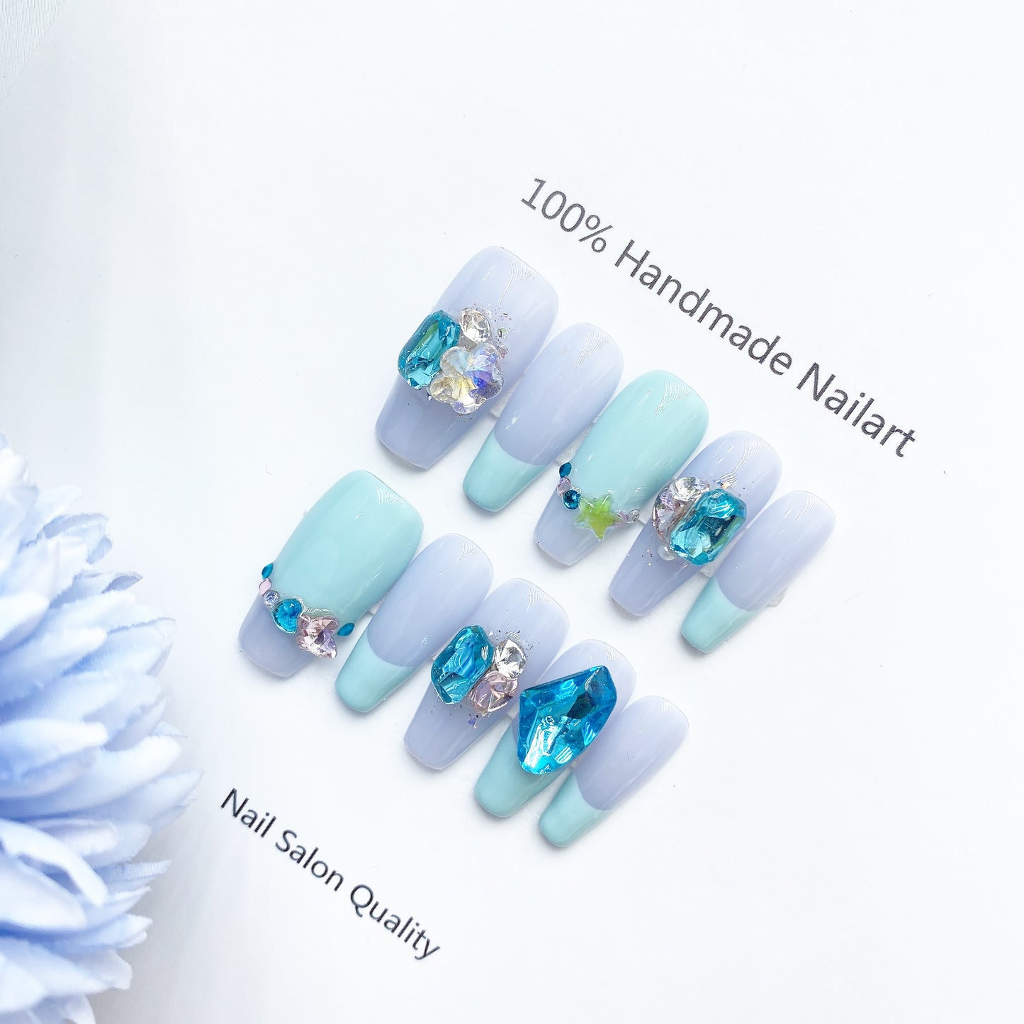 Handmade Nails Press on Nails DIY Nail Art for Woman Girl Nail Design Long Coffin Blue 2023