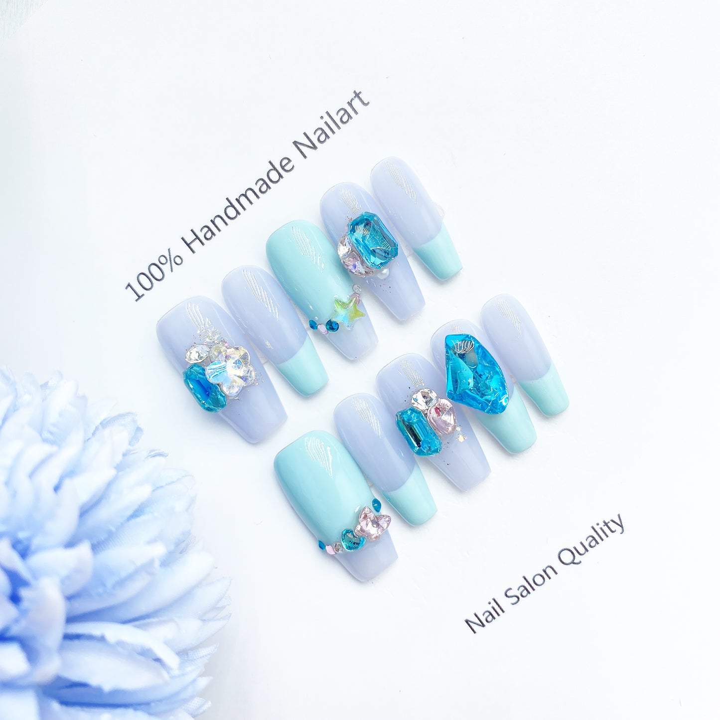 Handmade Nails Press on Nails DIY Nail Art for Woman Girl Nail Design Long Coffin Blue 2023