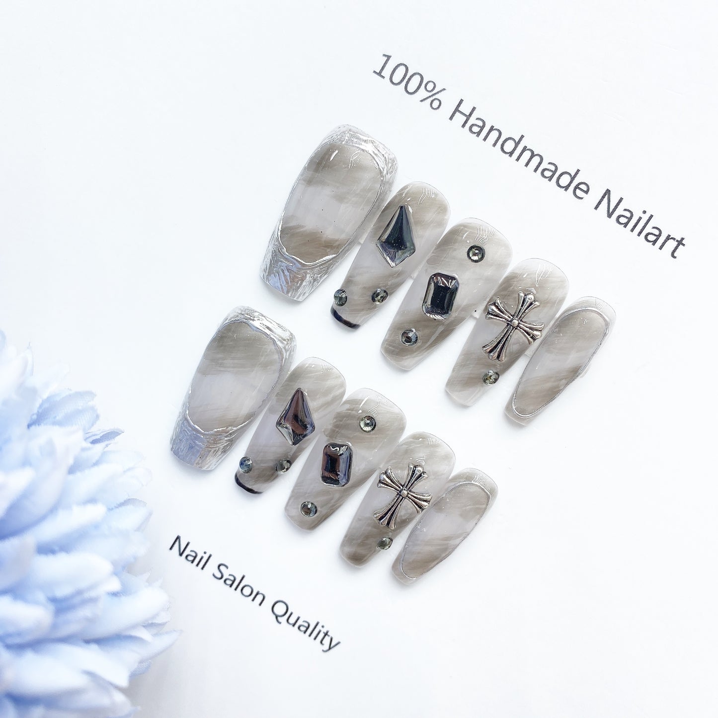Handmade Nails Press on Nails DIY Nail Art for Woman Girl Nail Design Long Coffin Grey 2023