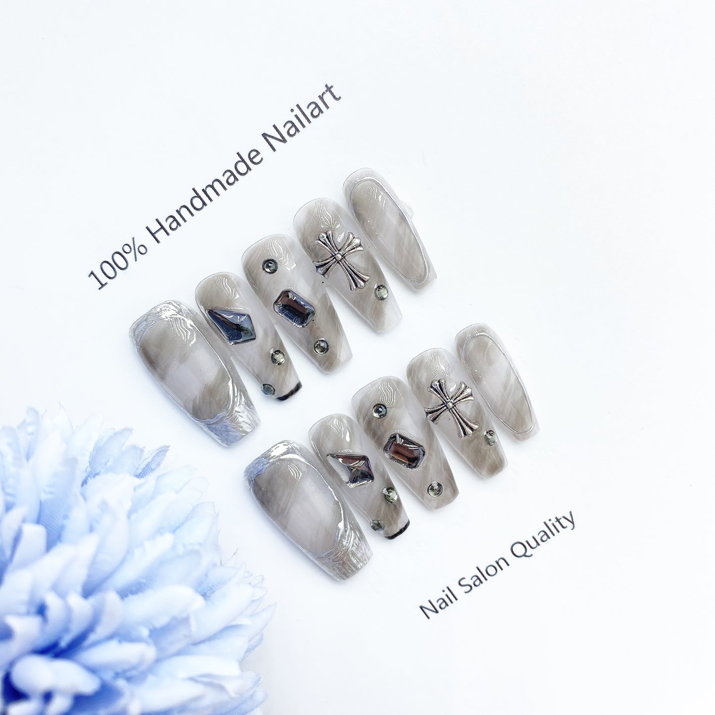 Handmade Nails Press on Nails DIY Nail Art for Woman Girl Nail Design Long Coffin Grey 2023