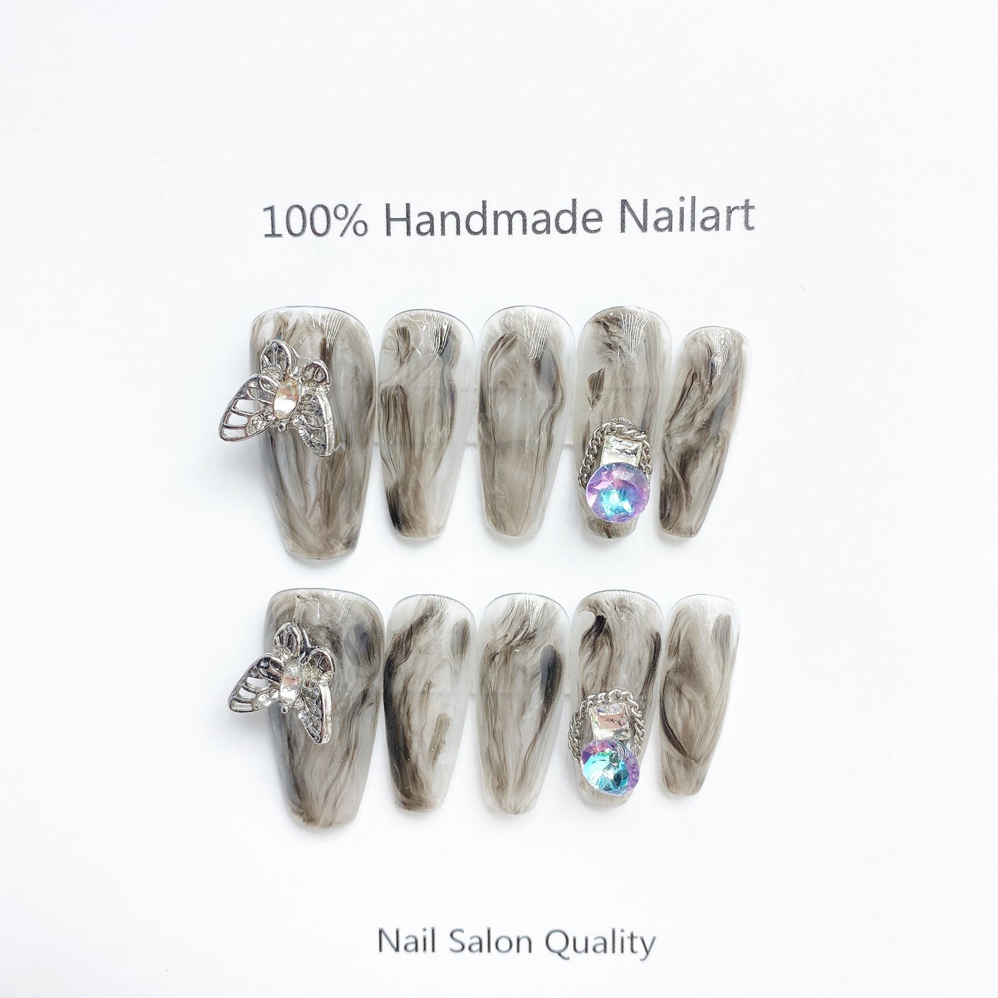 Handmade Nails Press on Nails DIY Nail Art for Woman Girl Nail Design Long Coffin Grey Butterfly 2023