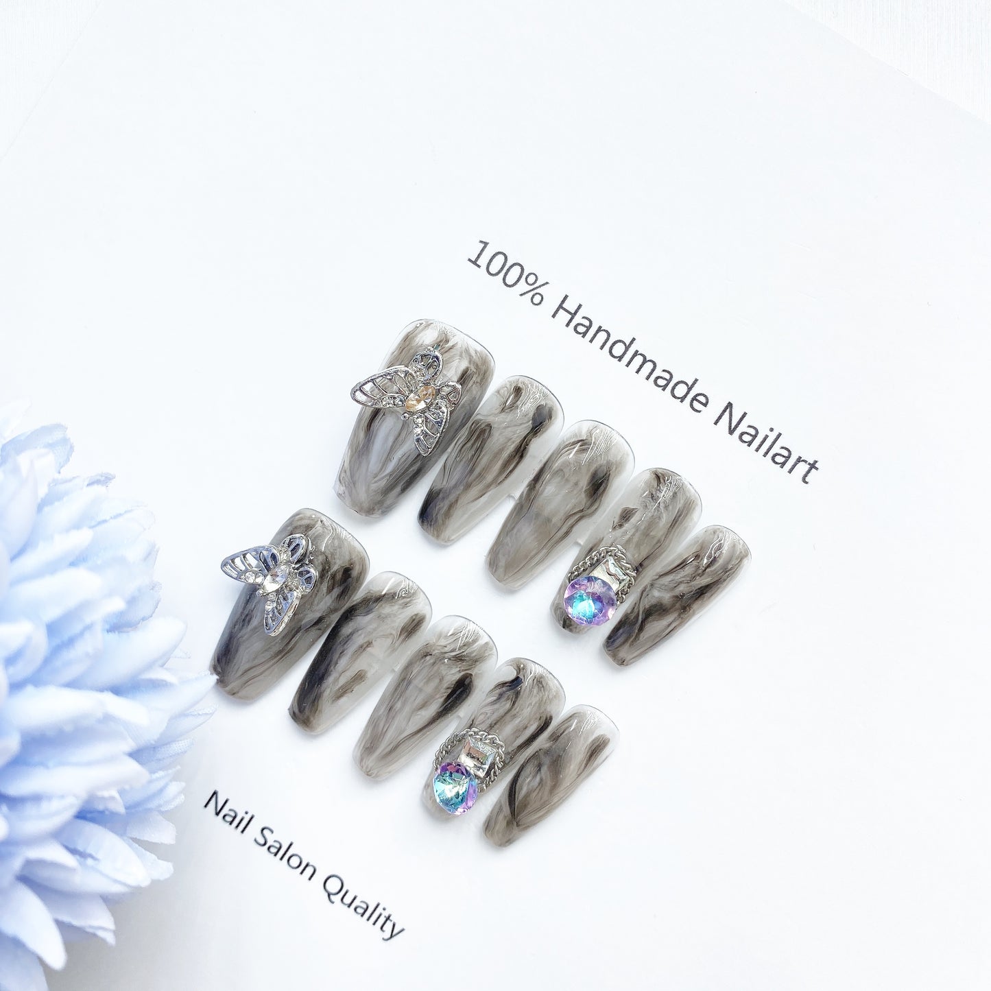 Handmade Nails Press on Nails DIY Nail Art for Woman Girl Nail Design Long Coffin Grey Butterfly 2023