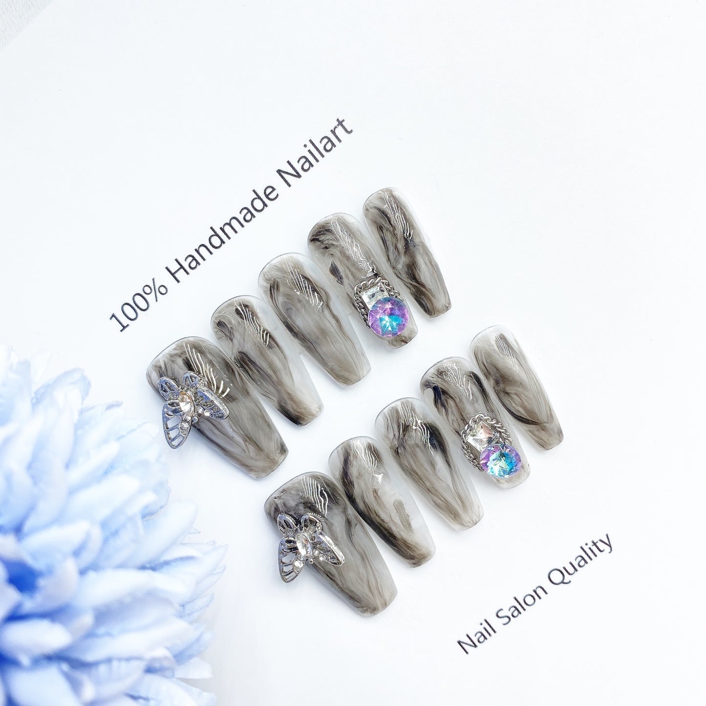 Handmade Nails Press on Nails DIY Nail Art for Woman Girl Nail Design Long Coffin Grey Butterfly 2023