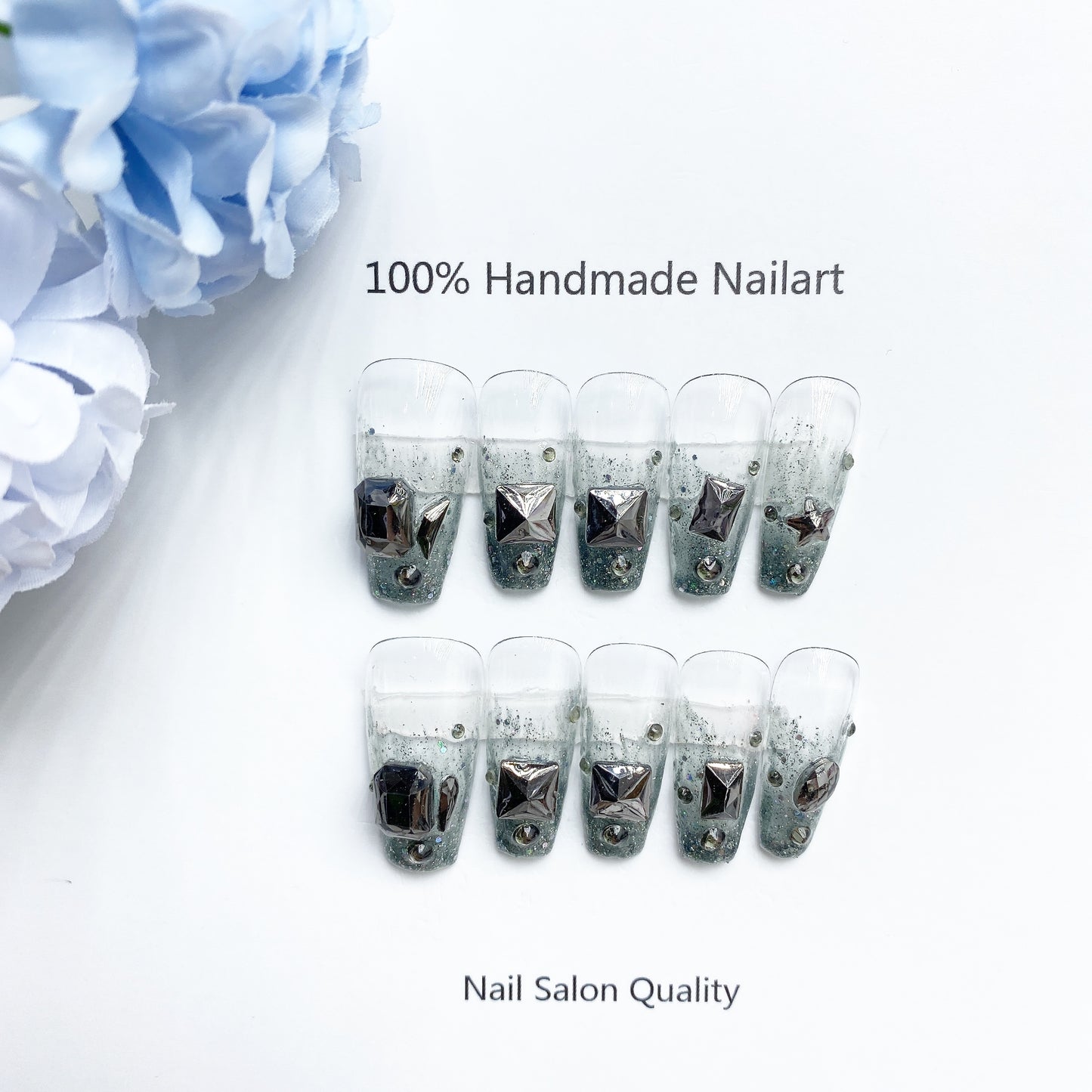 Handmade Nails Press on Nails DIY Nail Art for Woman Girl Nail Design Long Coffin Transparent Blue 2023