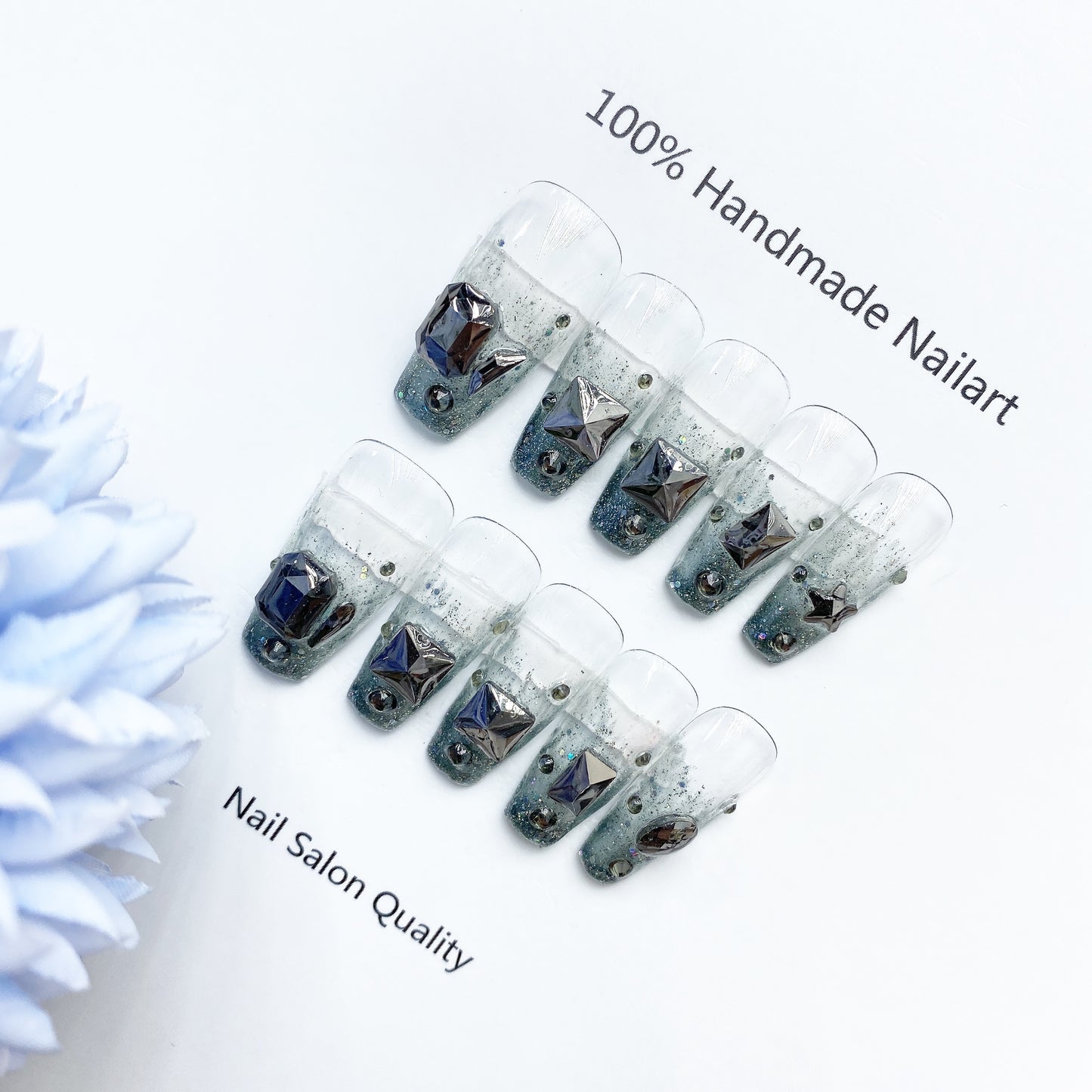 Handmade Nails Press on Nails DIY Nail Art for Woman Girl Nail Design Long Coffin Transparent Blue 2023