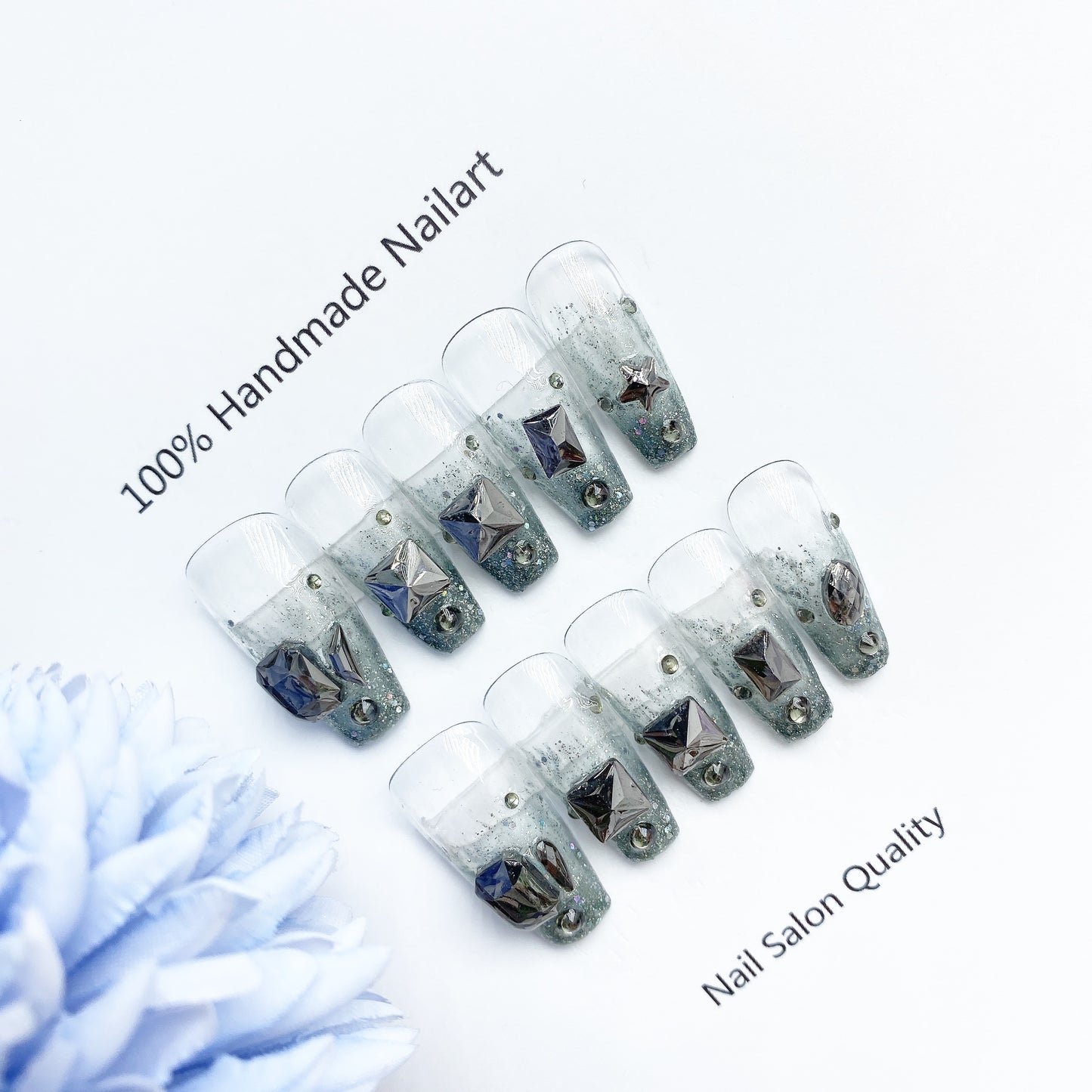 Handmade Nails Press on Nails DIY Nail Art for Woman Girl Nail Design Long Coffin Transparent Blue 2023