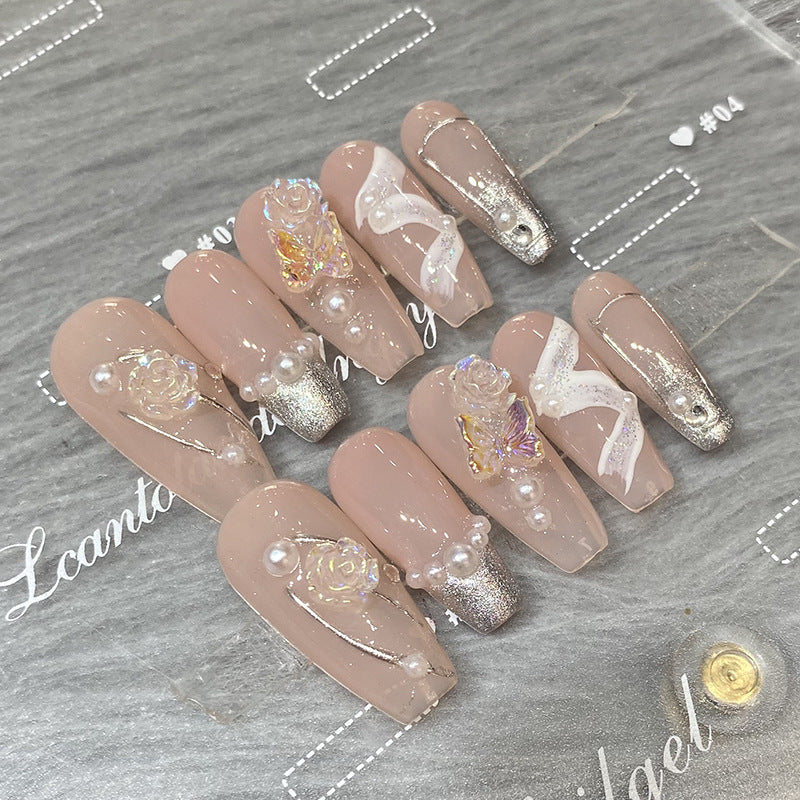 Designer: HuaHua.Handmade nails Press on Nails DIY Nail Art for woman girl Long Coffin pink
