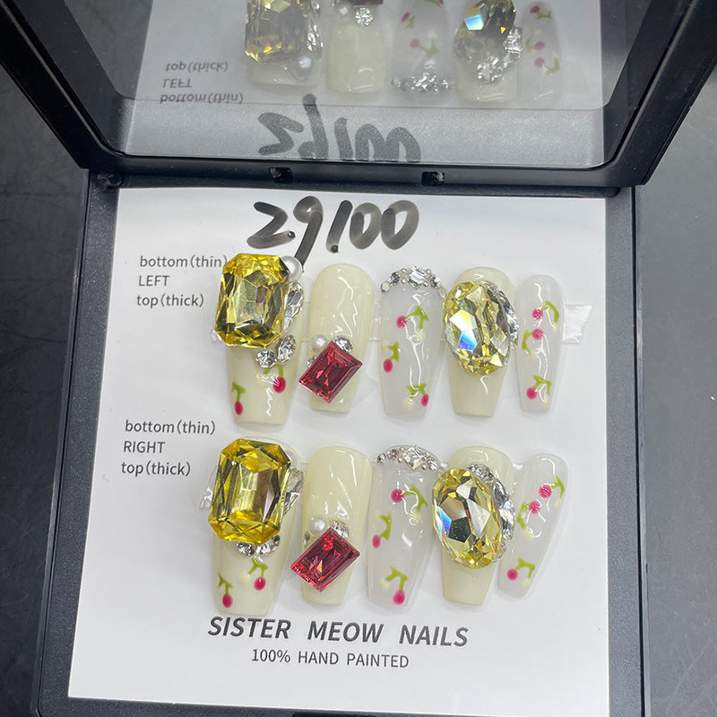 Designer: MeowMeow.Handmade Nail Designs Press on Nails DIY Nail Art for woman girl Long Coffin rhinestone yellow