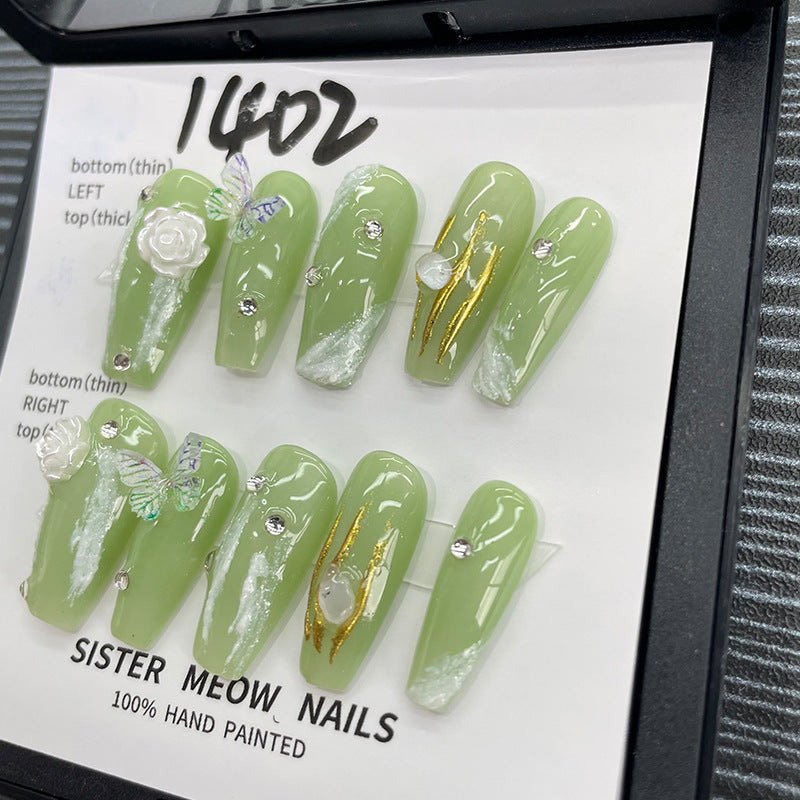 Designer: MeowMeow.Handmade Nail Designs Press on Nails DIY Nail Art for woman girl Long Coffin green