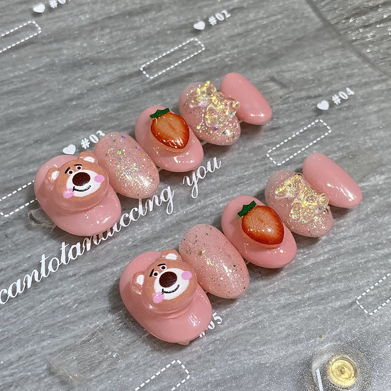 Designer: HuaHua.Handmade nails Press on Nails DIY Nail Art for woman girl Short pink Cartoon