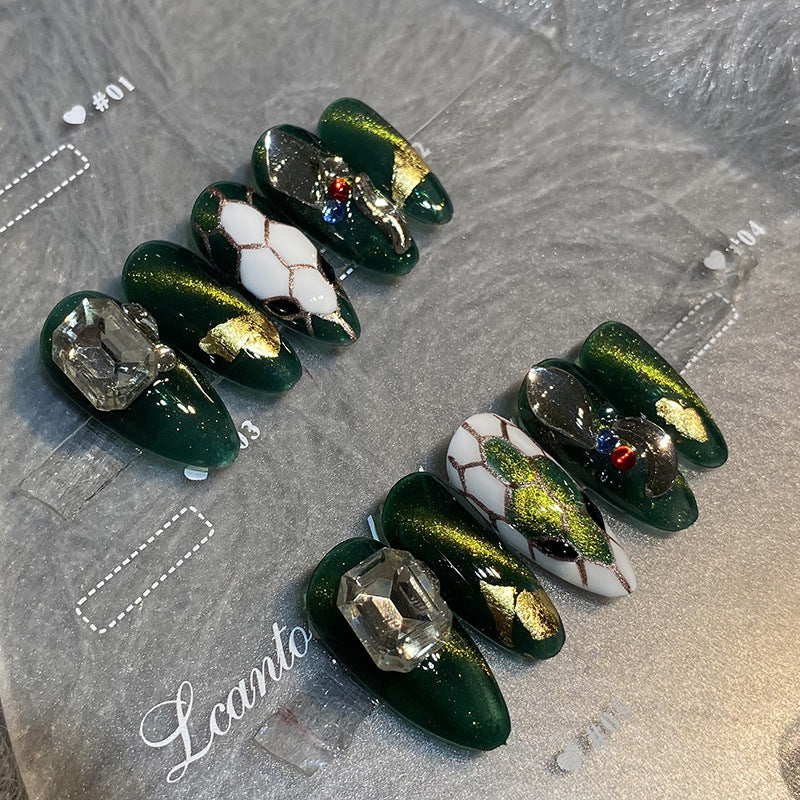Designer: HuaHua.Handmade nails Press on Nails DIY Nail Art for woman girl Almond Long green