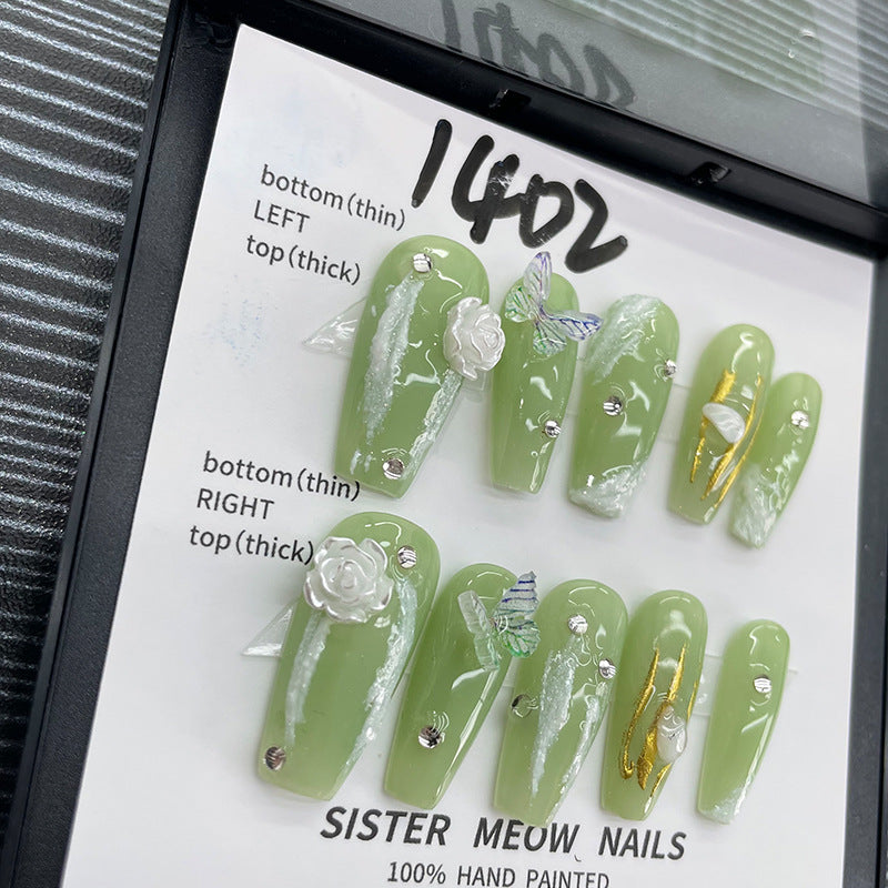 Designer: MeowMeow.Handmade Nail Designs Press on Nails DIY Nail Art for woman girl Long Coffin green