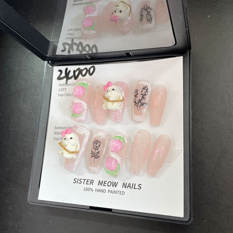 Designer: MeowMeow.Handmade Nail Designs Press on Nails DIY Nail Art for woman girl Long Coffin pink Cartoon