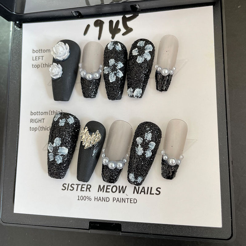 Designer: MeowMeow.Handmade Nail Designs Press on Nails DIY Nail Art for woman girl Long Coffin black