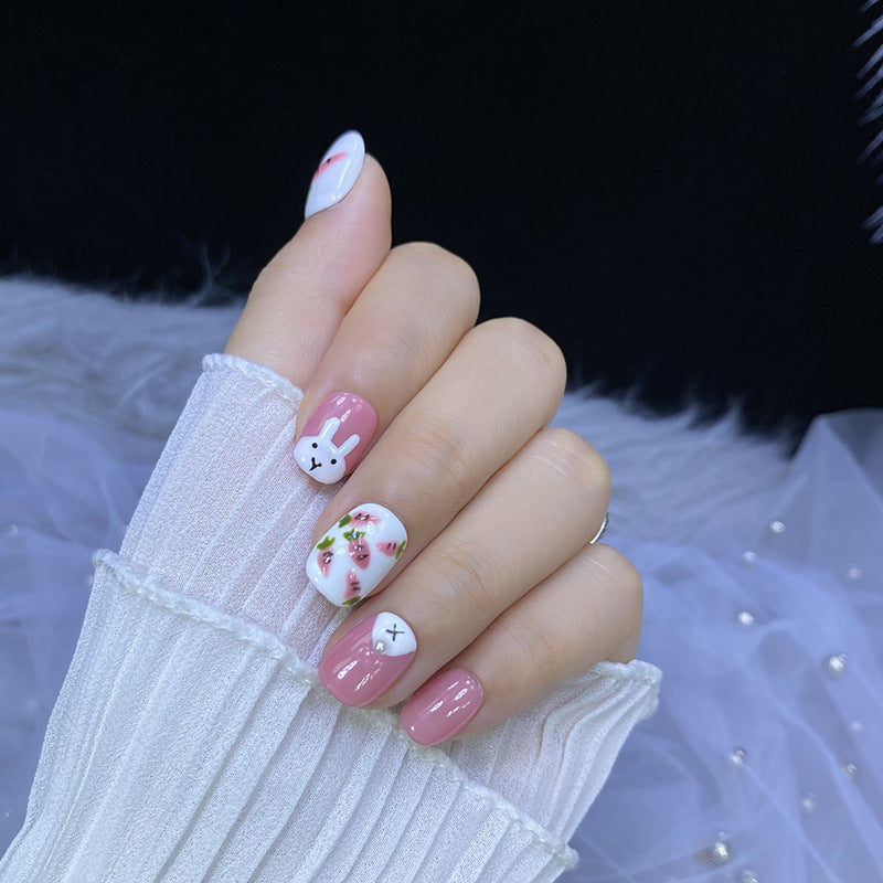 Designer: HuaHua.Handmade nails Press on Nails DIY Nail Art for woman girl Short Square pink Cartoon