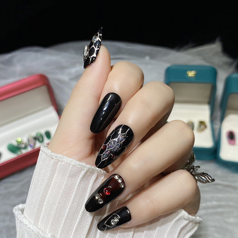 Designer: HuaHua.Handmade nails Press on Nails DIY Nail Art for woman girl Almond Long black
