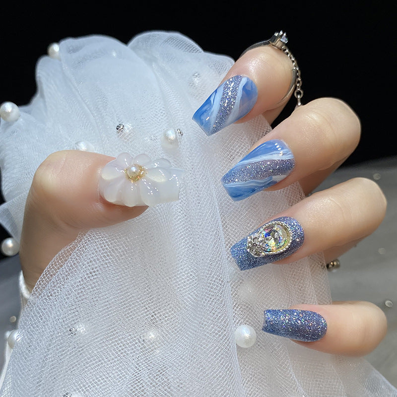 Designer: HuaHua.Handmade nails Press on Nails DIY Nail Art for woman girl Long Coffin blue