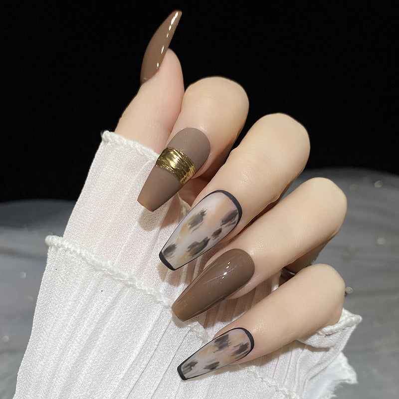 Designer: HuaHua.Handmade nails Press on Nails DIY Nail Art for woman girl brown Long Coffin