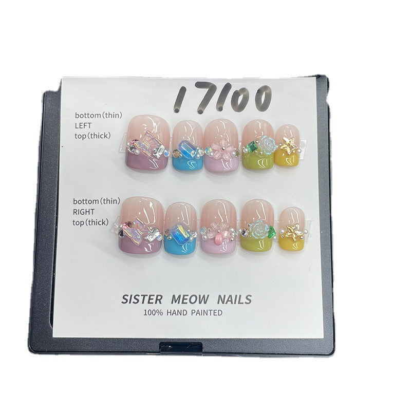 Designer: MeowMeow.Handmade Nail Designs Press on Nails DIY Nail Art for woman girl Short Square pink French colorful