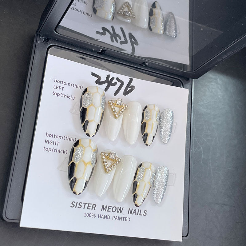 Designer: MeowMeow.Handmade Nail Designs Press on Nails DIY Nail Art for woman girl Almond Long white