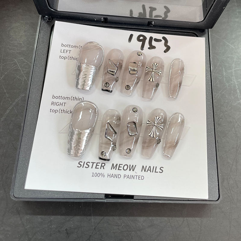 Designer: MeowMeow.Handmade Nail Designs Press on Nails DIY Nail Art for woman girl Long Coffin gray