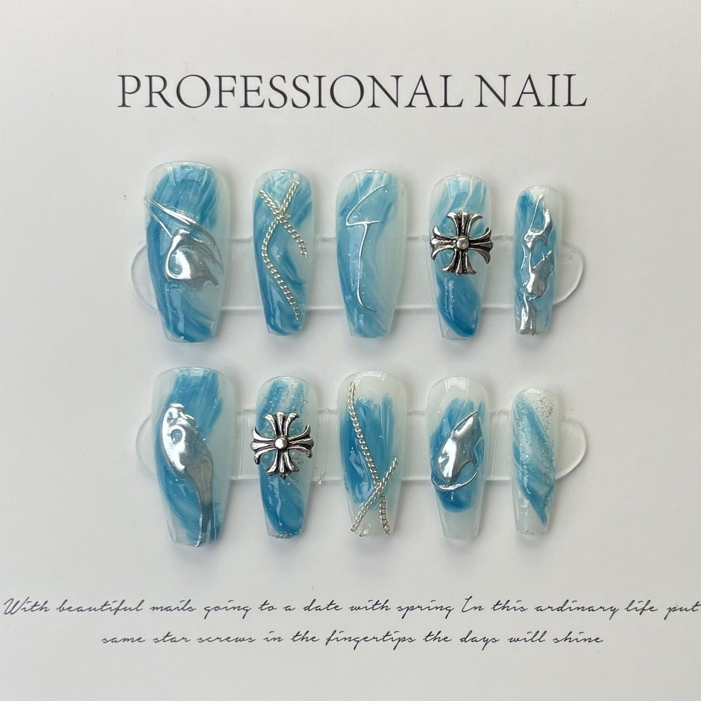 Designer: ManMan Handmade nails Press on Nails DIY Nail Art for woman girl Long Coffin blue
