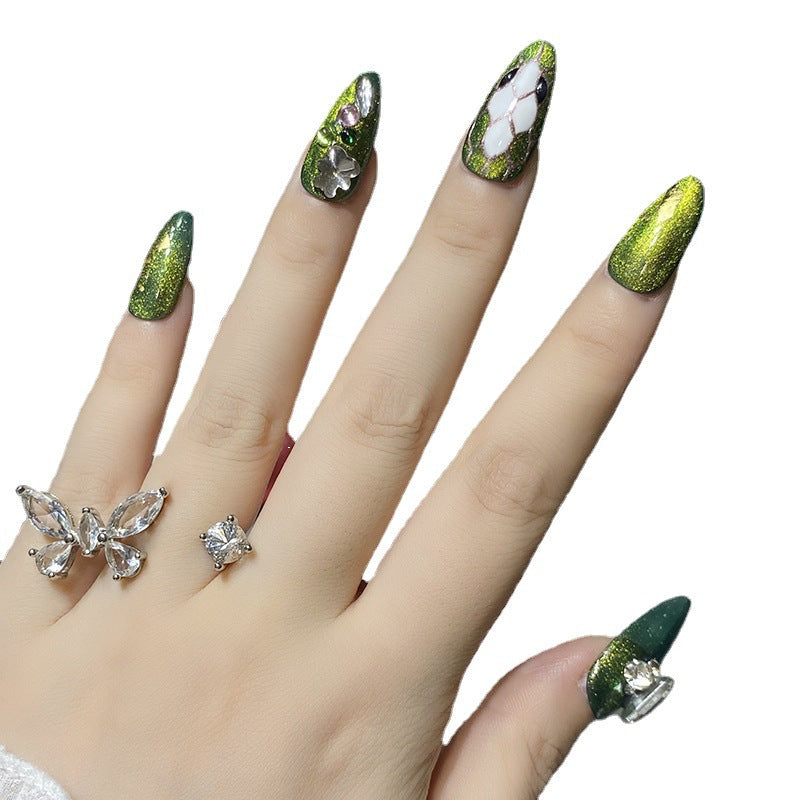 Designer: HuaHua.Handmade nails Press on Nails DIY Nail Art for woman girl Almond Long green