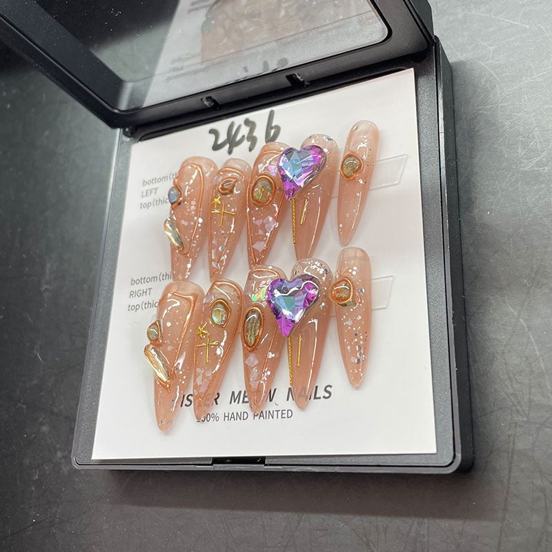 Designer: MeowMeow.Handmade Nail Designs Press on Nails DIY Nail Art for woman girl Almond Long rhinestone