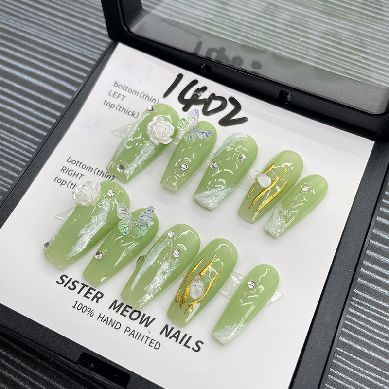 Designer: MeowMeow.Handmade Nail Designs Press on Nails DIY Nail Art for woman girl Long Coffin green