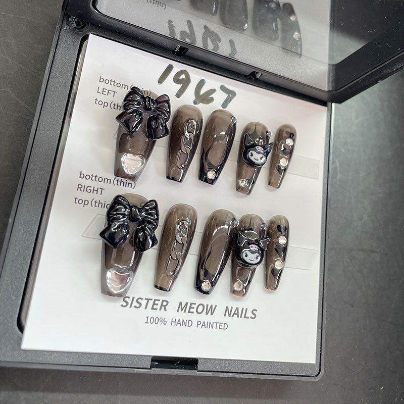 Designer: MeowMeow.Handmade Nail Designs Press on Nails DIY Nail Art for woman girl Long Coffin black