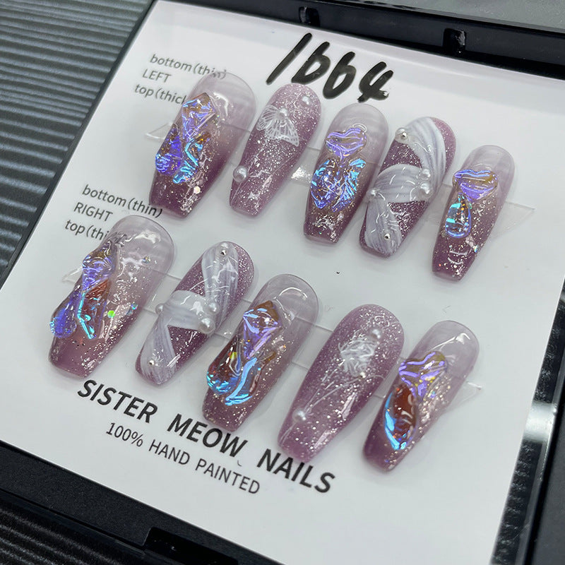 Designer: MeowMeow.Handmade Nail Designs Press on Nails DIY Nail Art for woman girl Long Coffin purple