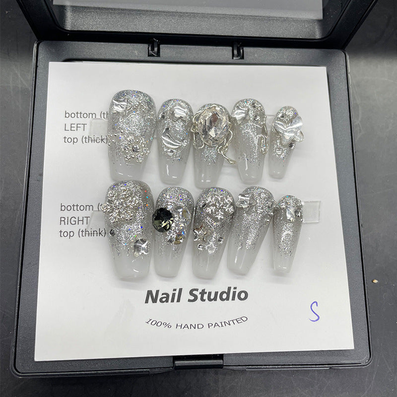 Designer: MeowMeow.Handmade Nail Designs Press on Nails DIY Nail Art for woman girl Long Coffin white silver wedding