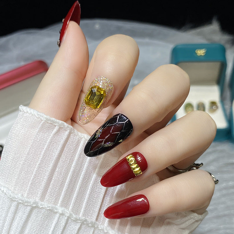 Designer: HuaHua.Handmade nails Press on Nails DIY Nail Art for woman girl Almond Long red