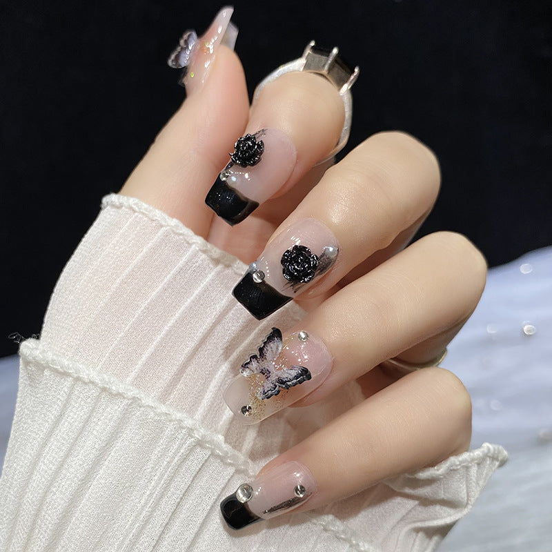 Designer: HuaHua.Handmade nails Press on Nails DIY Nail Art for woman girl Long Coffin pink black