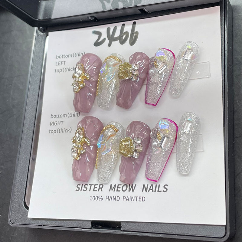 Designer: MeowMeow.Handmade Nail Designs Press on Nails DIY Nail Art for woman girl Long Coffin purple silver