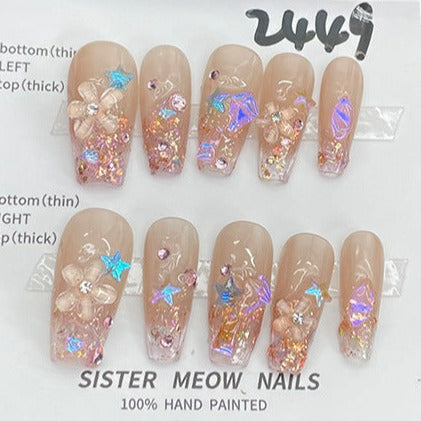 Designer: MeowMeow.Handmade Nail Designs Press on Nails DIY Nail Art for woman girl Long Coffin pink