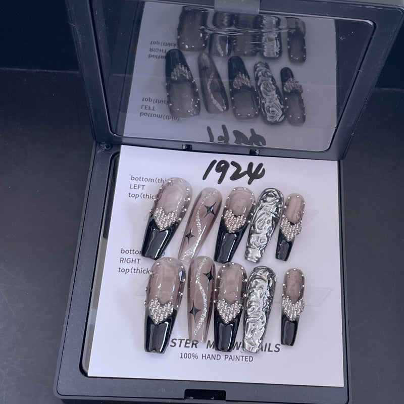 Designer: MeowMeow.Handmade Nail Designs Press on Nails DIY Nail Art for woman girl Long Coffin brown