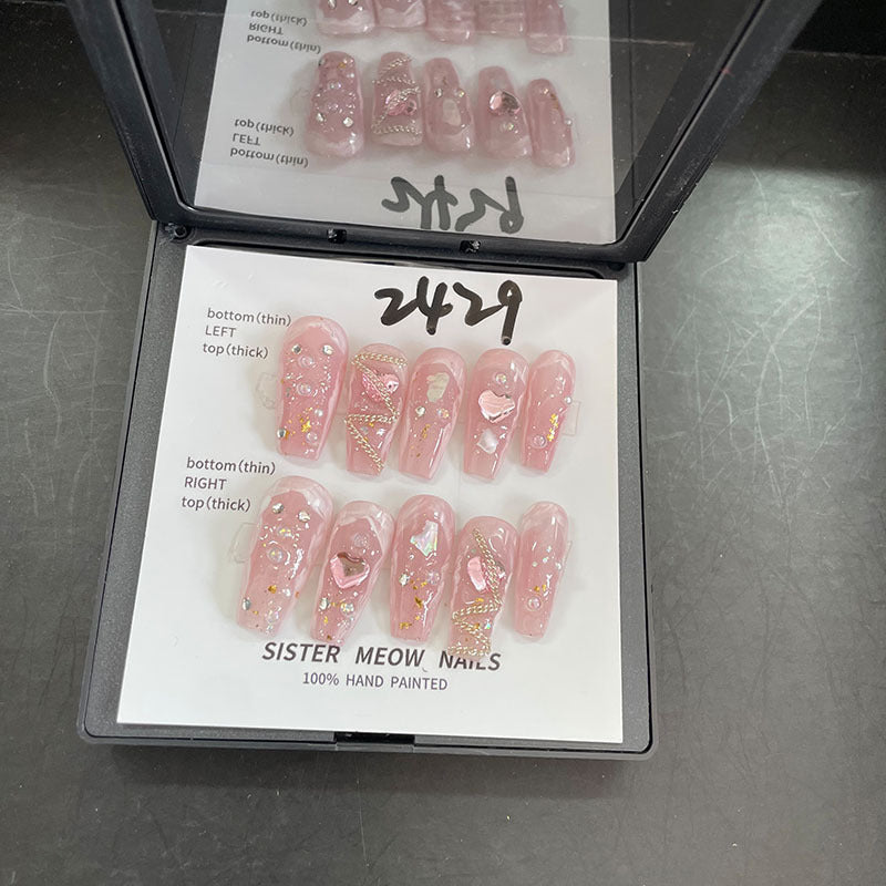 Designer: MeowMeow.Handmade Nail Designs Press on Nails DIY Nail Art for woman girl Long Coffin pink