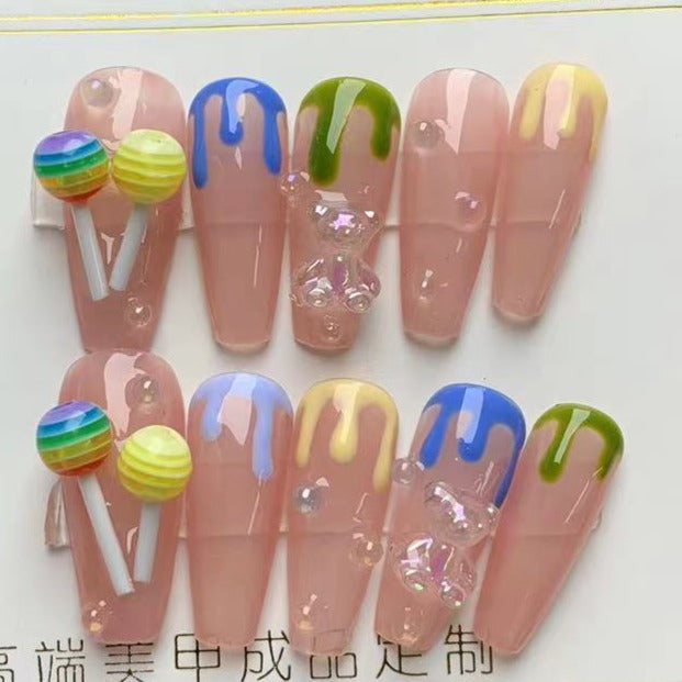 Designer: ManMan Handmade nails Press on Nails DIY Nail Art for woman girl Long Coffin pink
