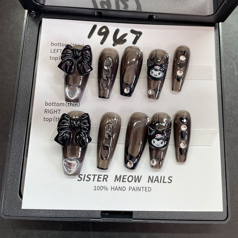 Designer: MeowMeow.Handmade Nail Designs Press on Nails DIY Nail Art for woman girl Long Coffin black